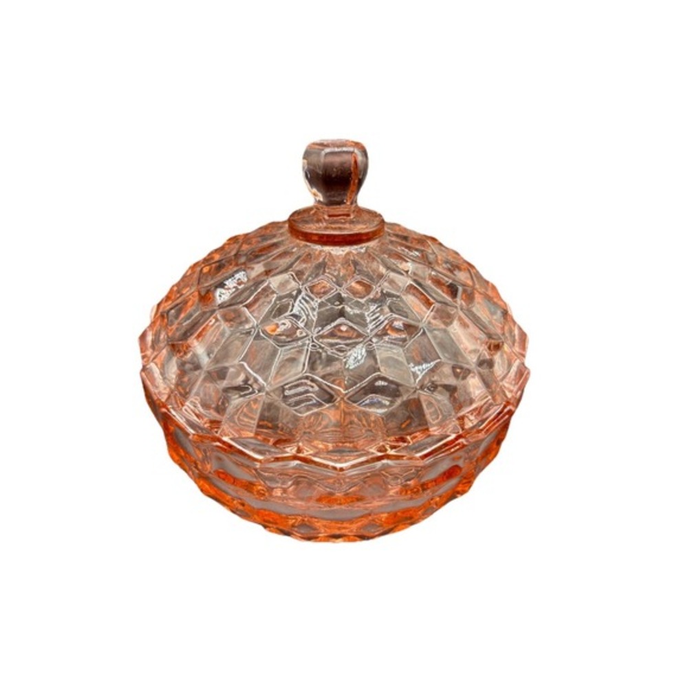 Pink Glass Diamond Quilted Vintage‎ Lidded Candy Dish Compote ~5" Excellent